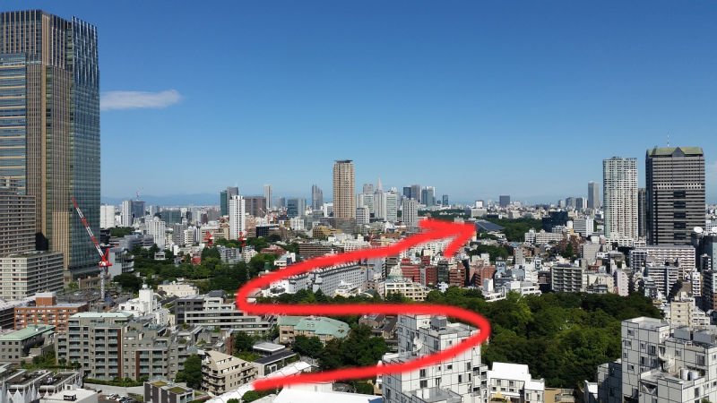 街中の上空をドローンが飛び回る